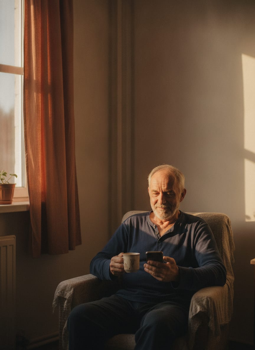 Candid documentary film still of an ordinary-looking man in his sixties with a grey stubbled jaw and thinning silver hai