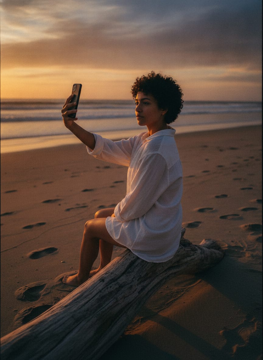 Cinematic handheld selfie-style film still of a young woman in her mid-twenties with Latin American features, olive-tan 